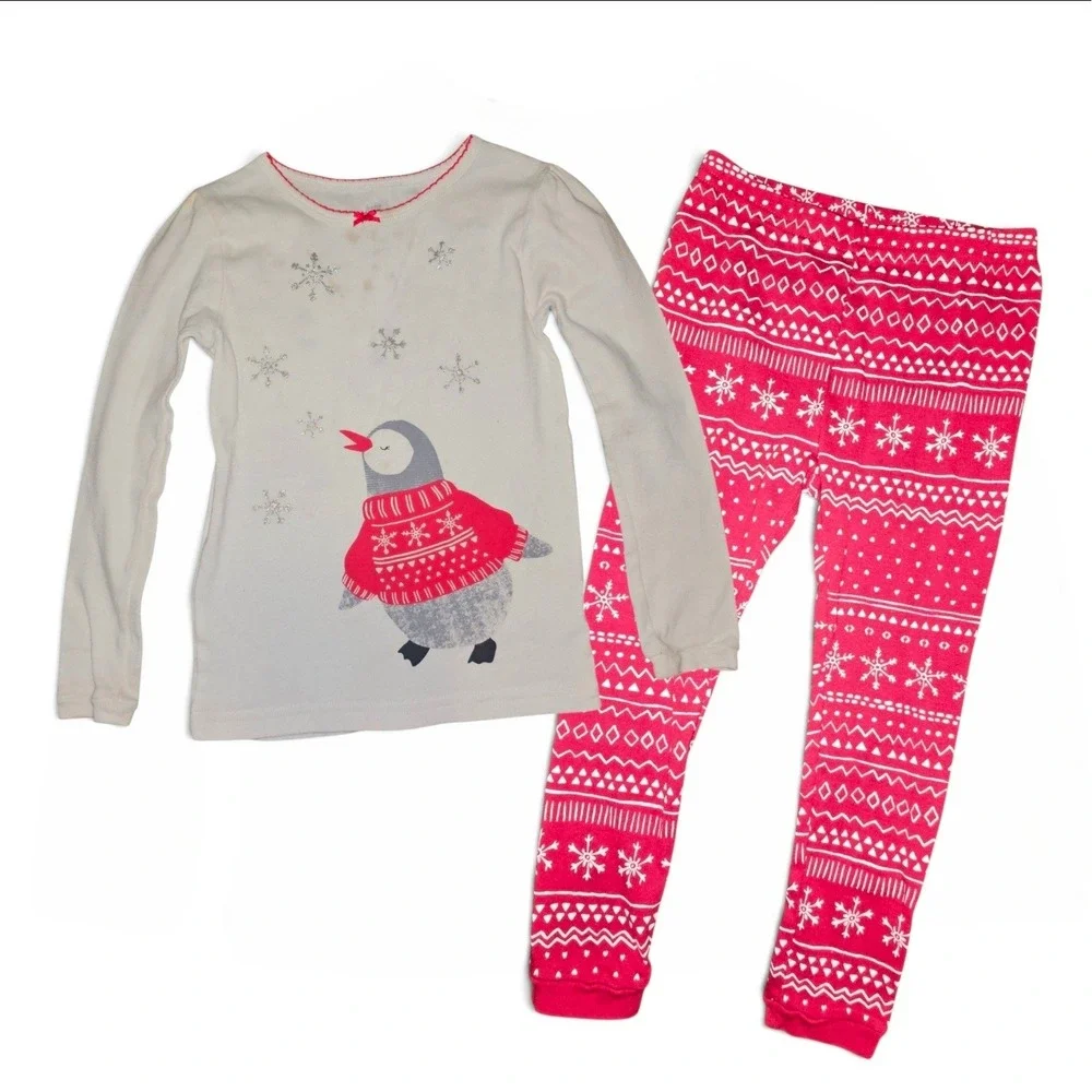 Carter's Pajama Set Girls 4T White Red Good Penguin Fair Isle Holiday Sleepwear